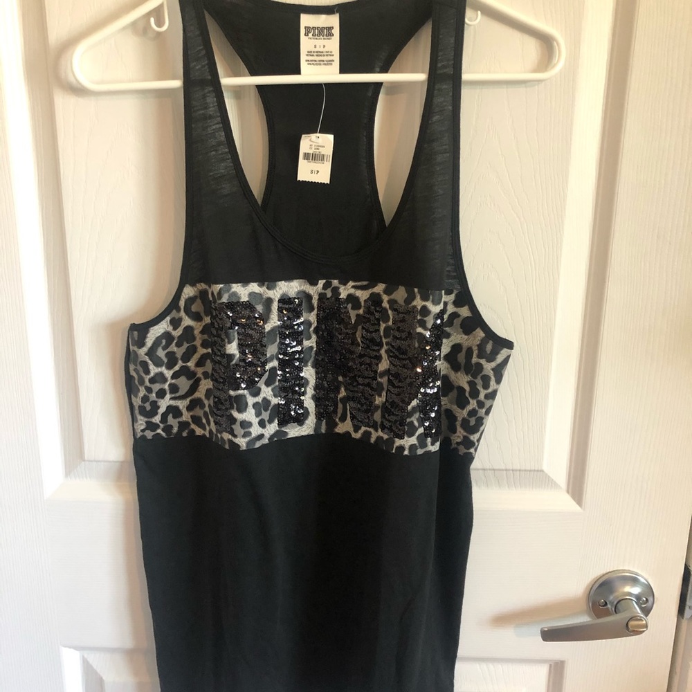 PINK Victoria's Secret Black Tank with Leopard Sequin Logo
